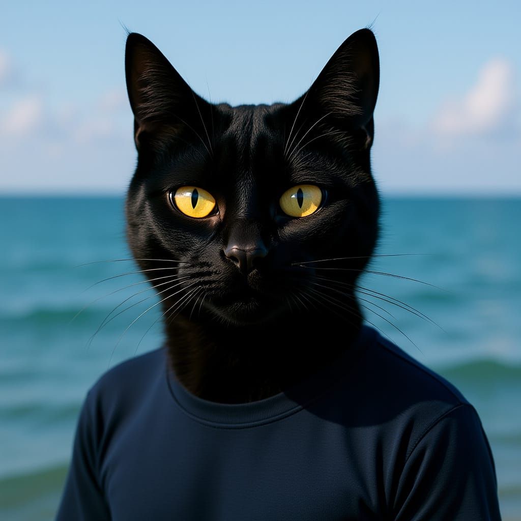 Black Cat with Yellow Eyes by the Ocean