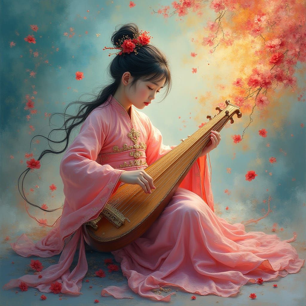 Ethereal Hanfu Girl Plays Guqin in Vibrant Dreamlike Atmosph...