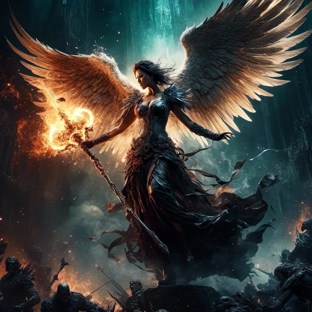 ANGELIC-GHOSTLY-Icey-Laboring-Angel-<lora:Kooky:1.0> in a untinged underworld holding a staff