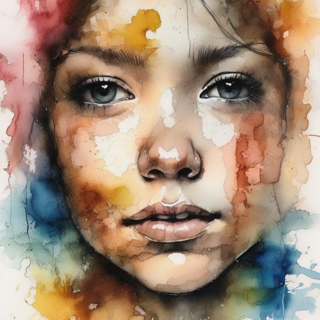 Surreal Child Portrait with Ink Splashes and Whimsical Expre...