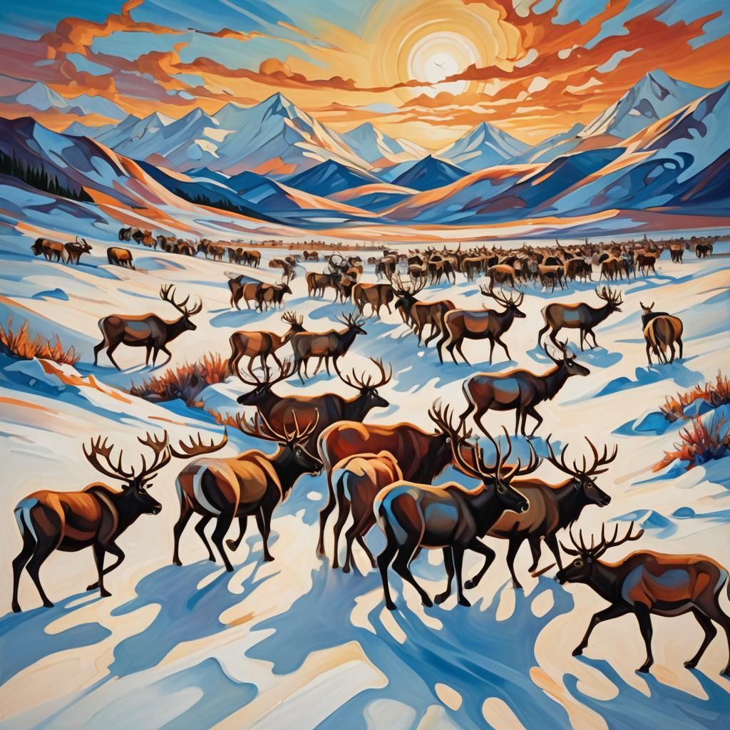 Caribou Herd in Surreal Dreamscape Painting