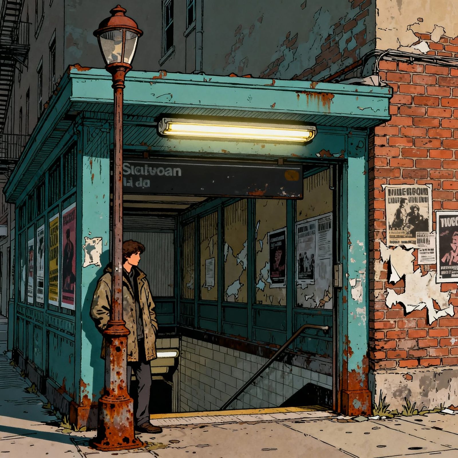 Ligne Claire Sketch of Neglected Subway Entrance