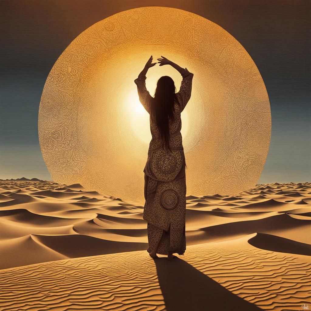 Desert Sunset Silhouette: Stencil Art with Double Exposure