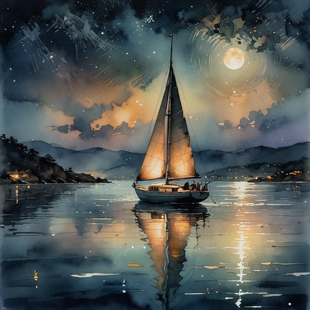 Moonlit Sailboat: Digital Watercolor Night Scene