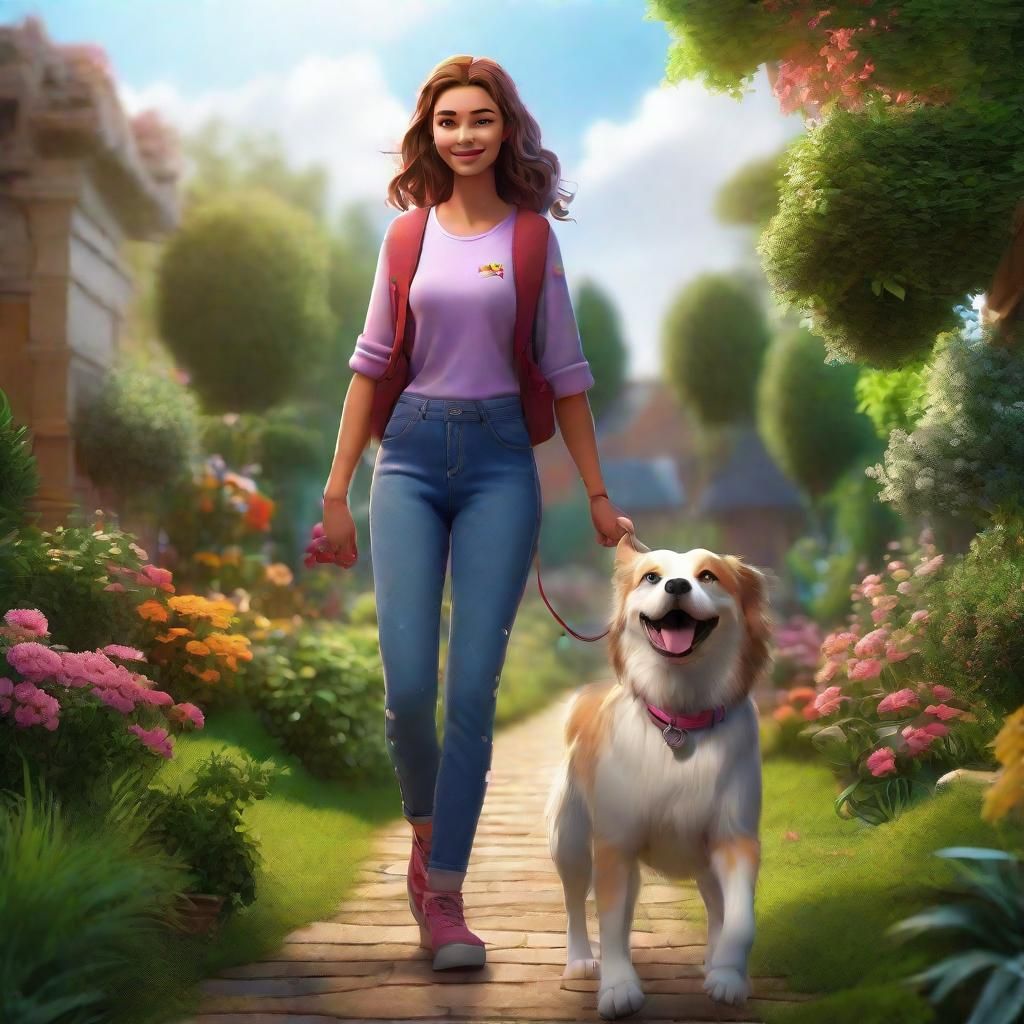 Teenage Girl Walking Dog in Garden: Cartoon Art