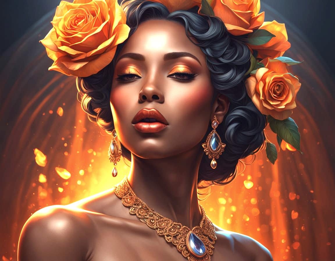 Elegant Black Woman in Vibrant Portrait with Rose and Orange