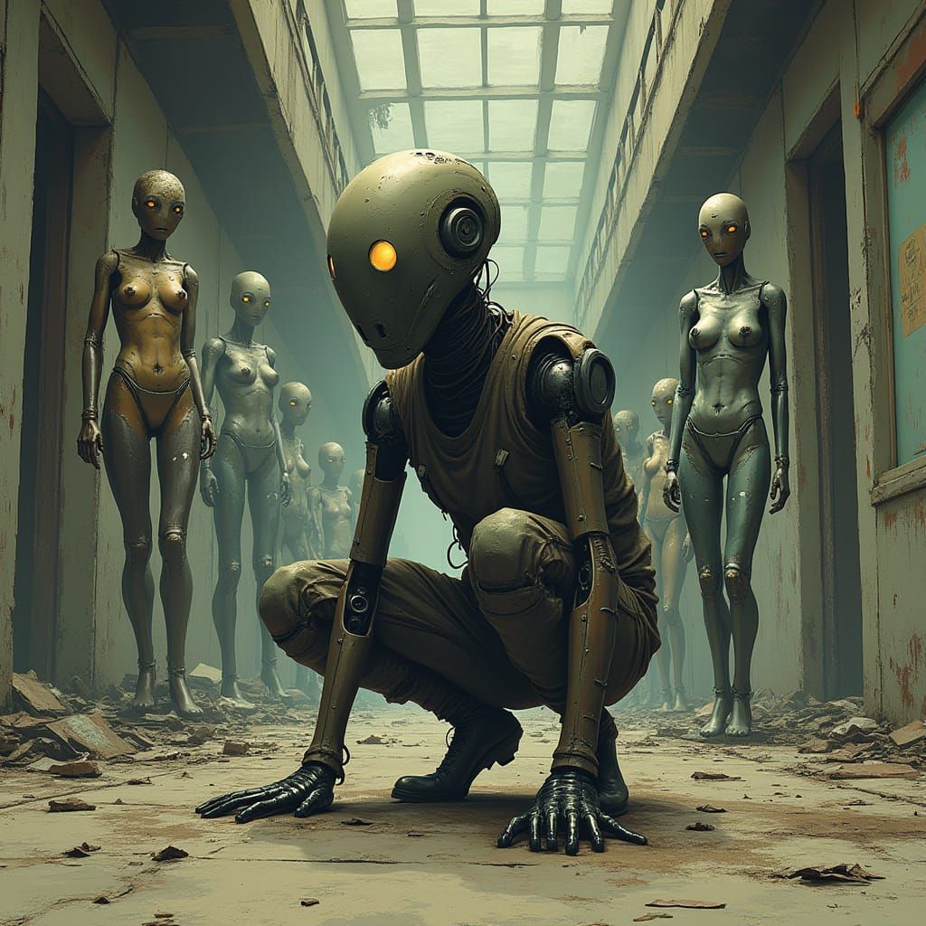 Disoriented Android in Derelict Mall, Gritty Art Style