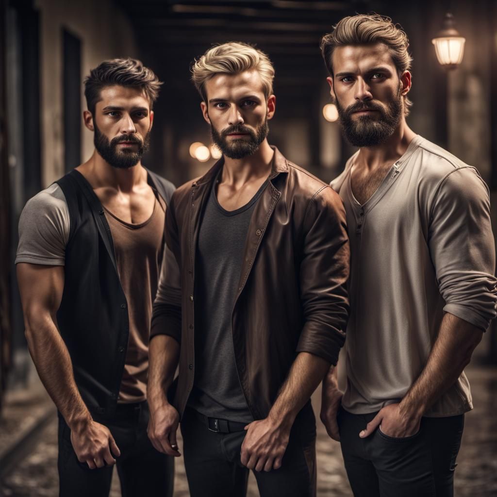 Three Men Standing Together in Hyperrealistic Photograph