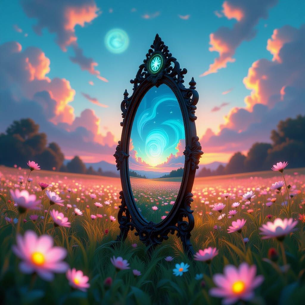 Ancient Mirror in Enchanted Field, Dreamlike Sky
