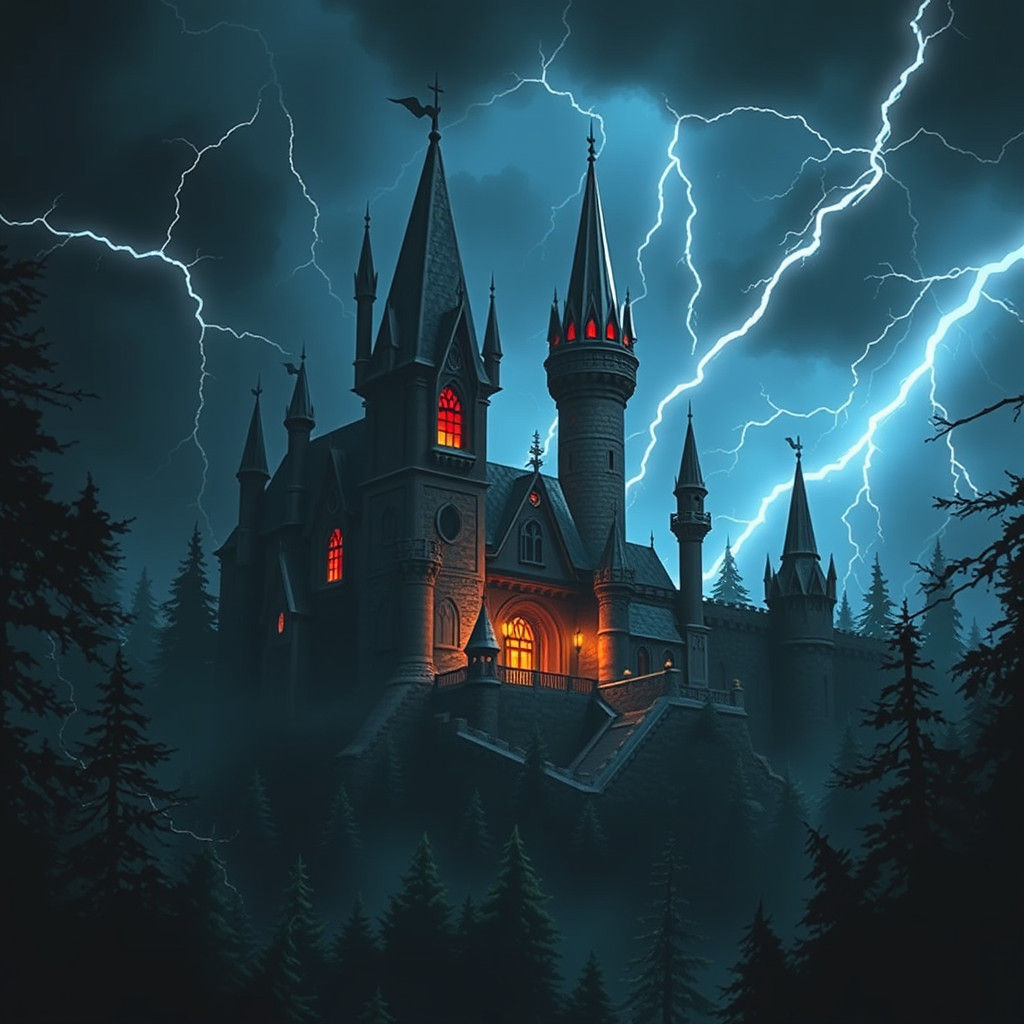 Wicked Castle Hidden in Forest During Thunderstorm