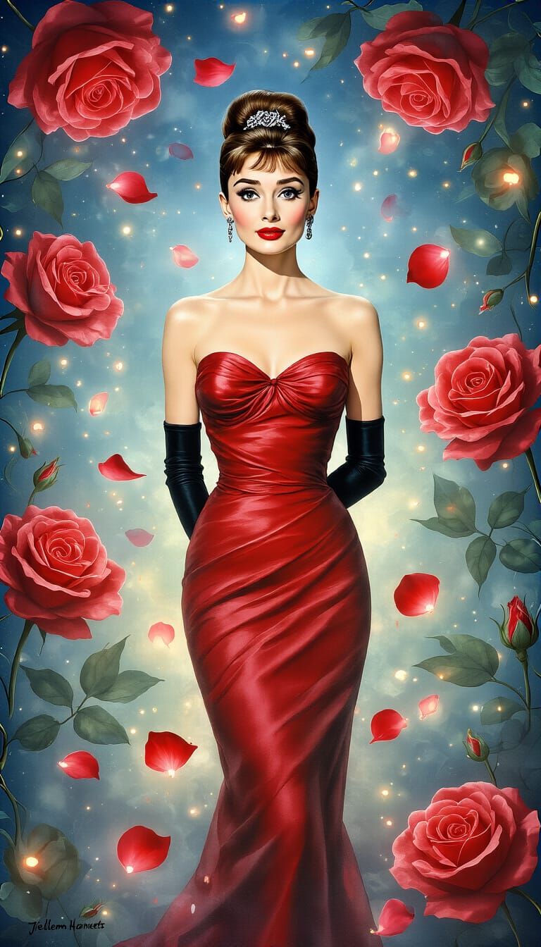 Audrey Hepburn Portrait with Enchanted Roses