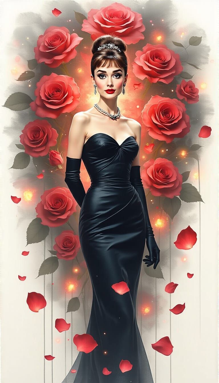 Audrey Hepburn Portrait with Magical Red Roses