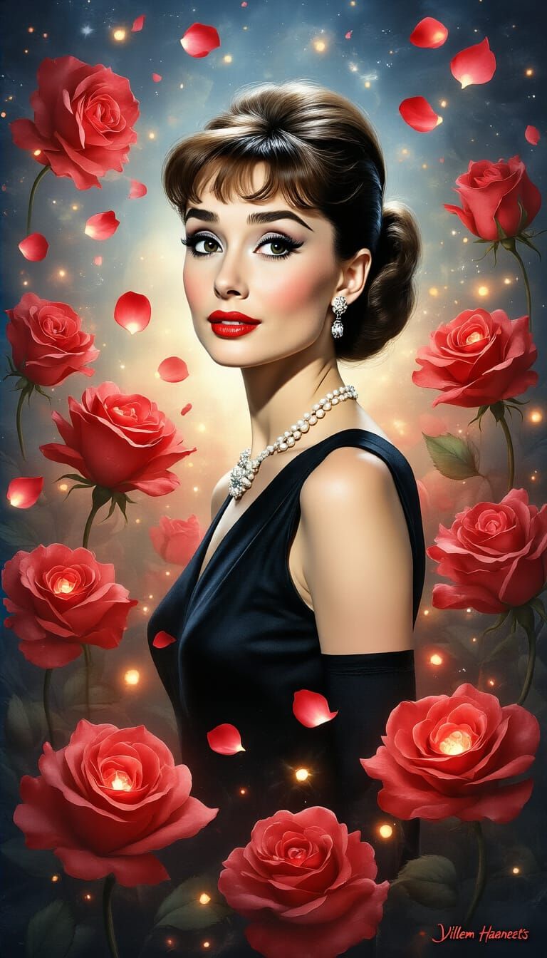 Audrey Hepburn Portrait with Magical Roses