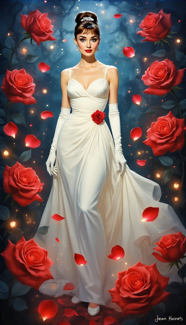 Audrey Hepburn Portrait with Magical Red Roses