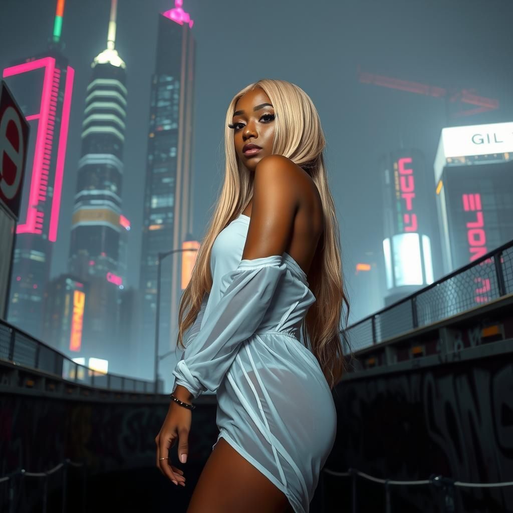 Futuristic Black Woman in Cyberpunk Cityscape