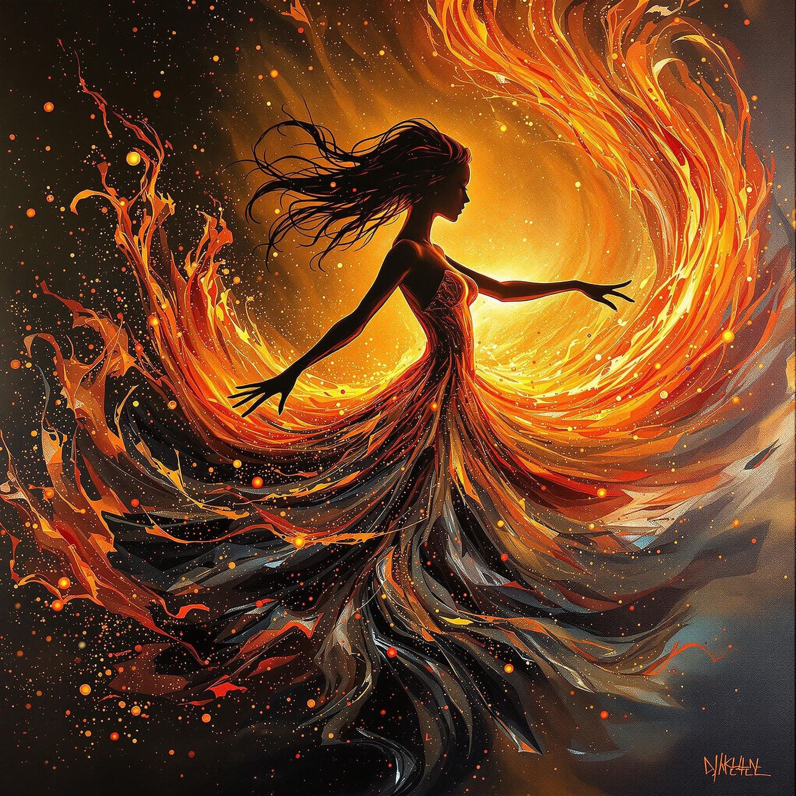 Liquid Metal Dancer in Firelight: Impasto Style