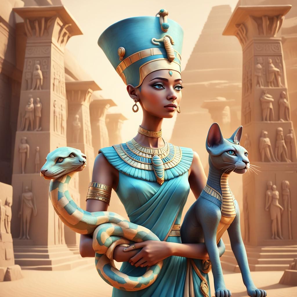 Adorable Clay Nefertiti with Sphynx Cat, 3D Render