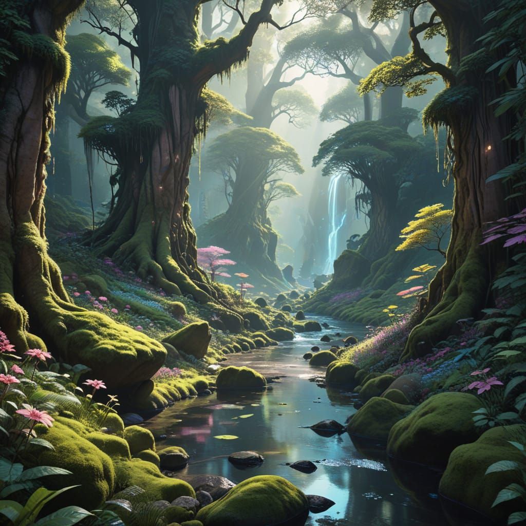 Enchanted Forest in Vibrant, Flat Manga Style