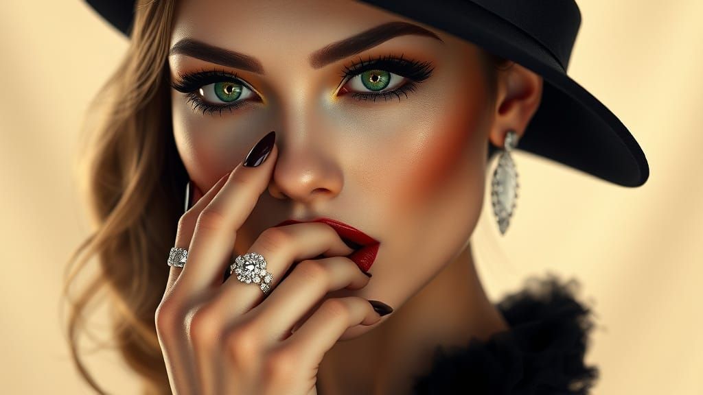 Glamorous Portrait in Art Deco Style with Emerald Eyes and R...