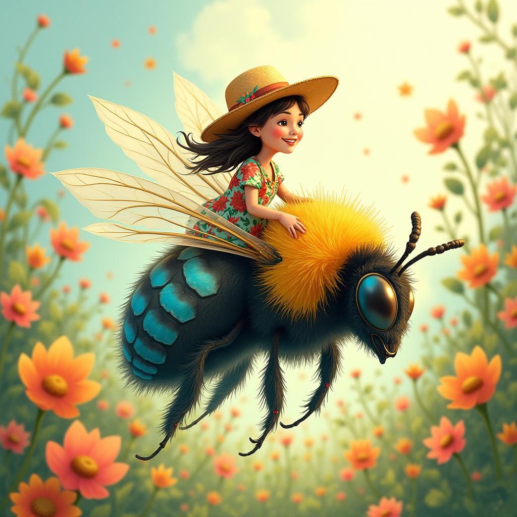 Gardener's Bumblebee Ride in a Dreamlike Garden