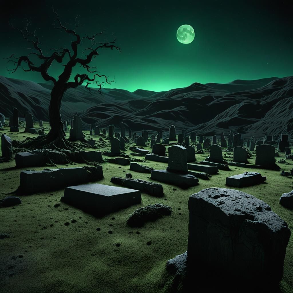 Eerie Green Moon Illuminates Graveyard in Surreal Digital Ar...