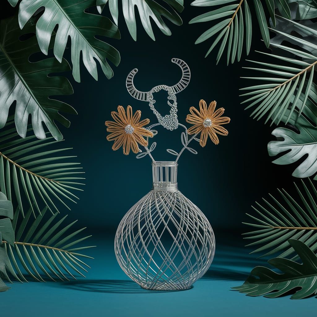 a wire sculpture of a horned man with flowers in a vase