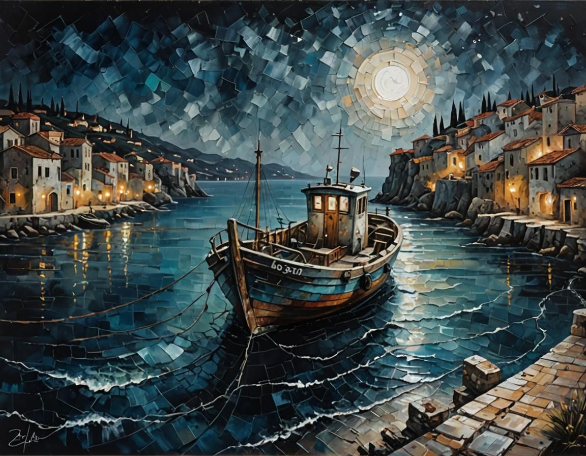 Dramatic Fishing Boat Acrylic Painting at Night