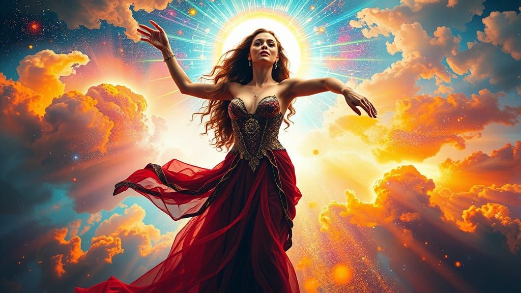 Cosmic Goddess Emerging from Rainbow Nebula in Mixed Media S...