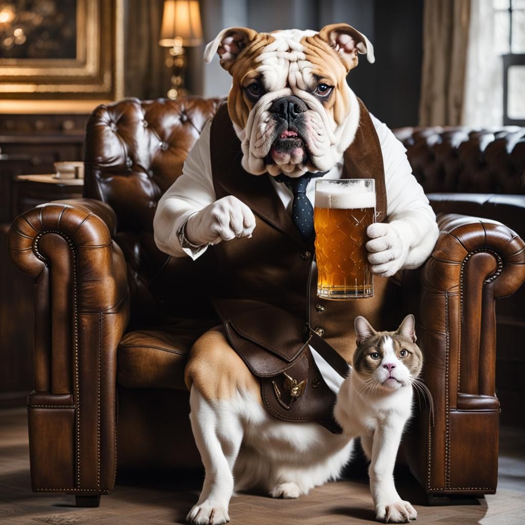 Bulldog and Cat Sharing a Beer in Pub