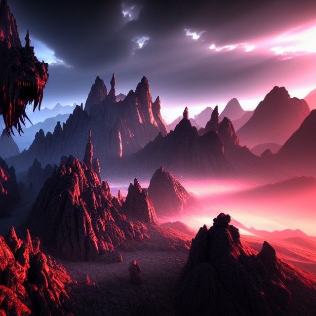 Nightmare Fantasy Landscape with Monster in Mountains