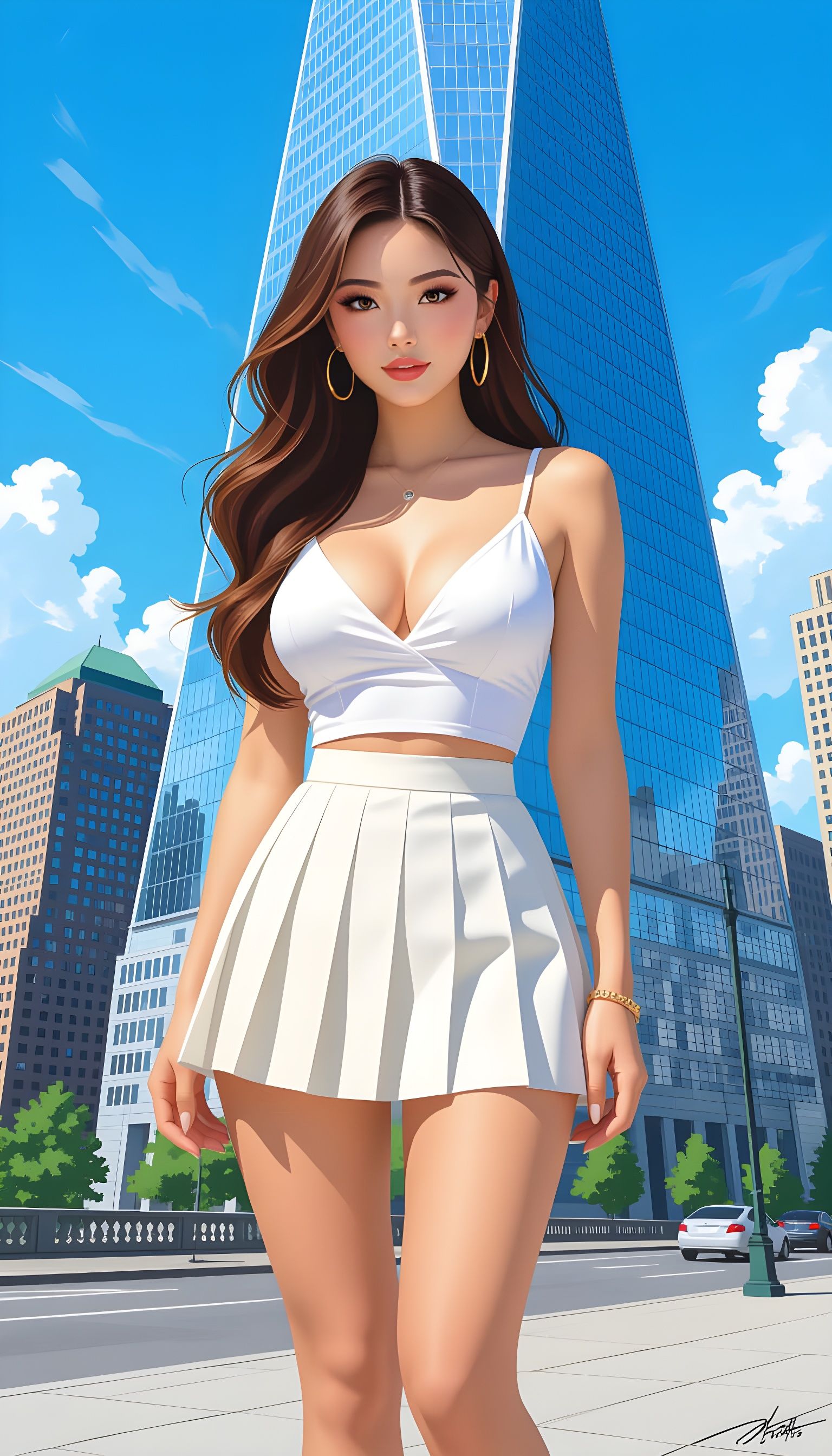 Pin-Up Style Woman in Front of Skyscraper