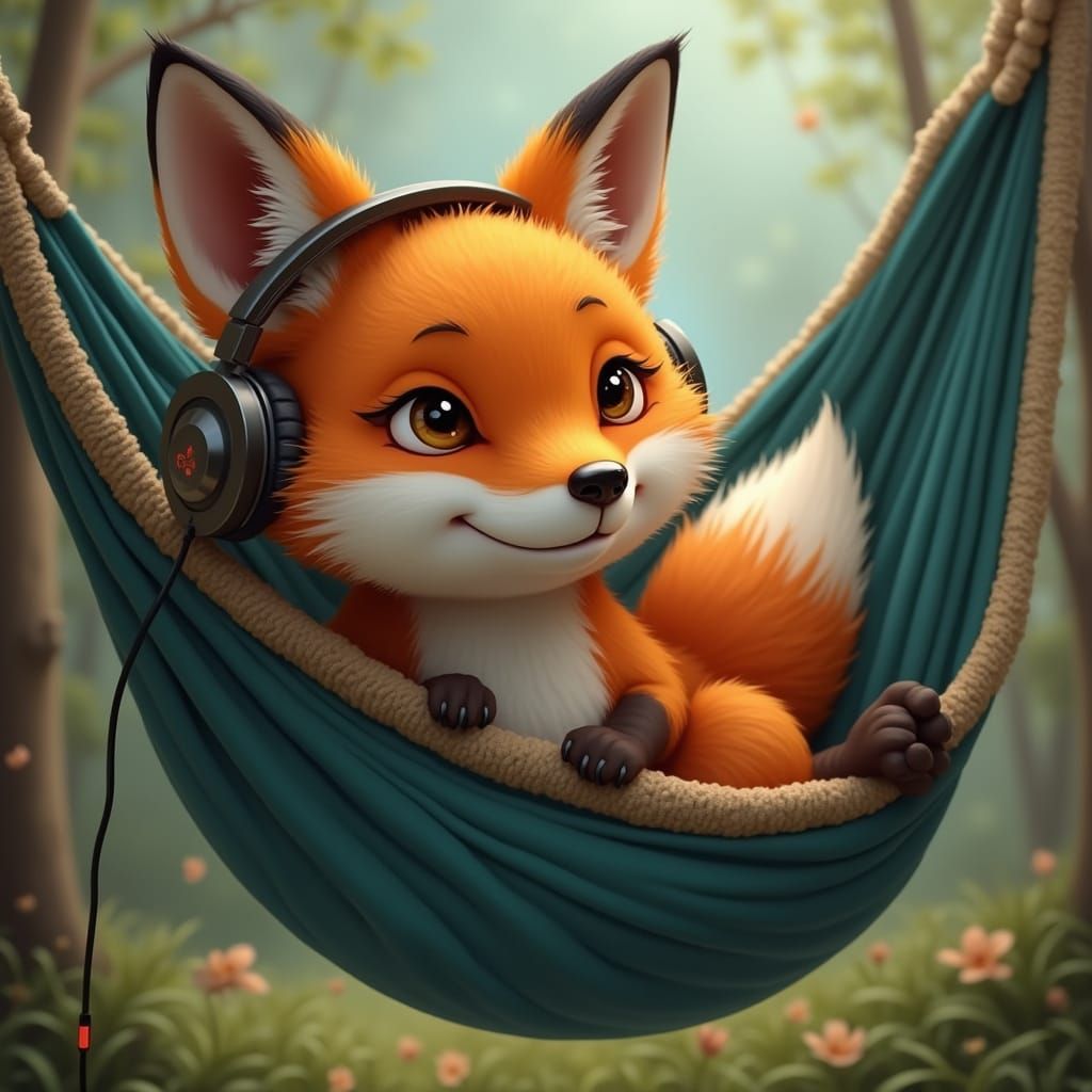 Fox in Hammock Wearing Headphones