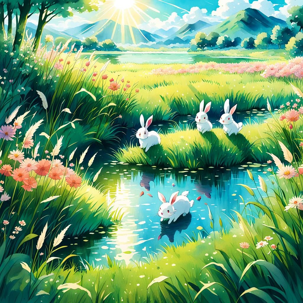 Anime Meadow Scene with Rabbits in Watercolor Style