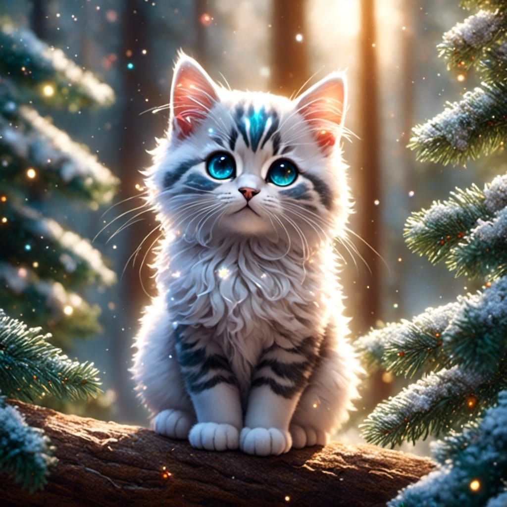 Celestial Anime Christmas Tree Cat in Forest