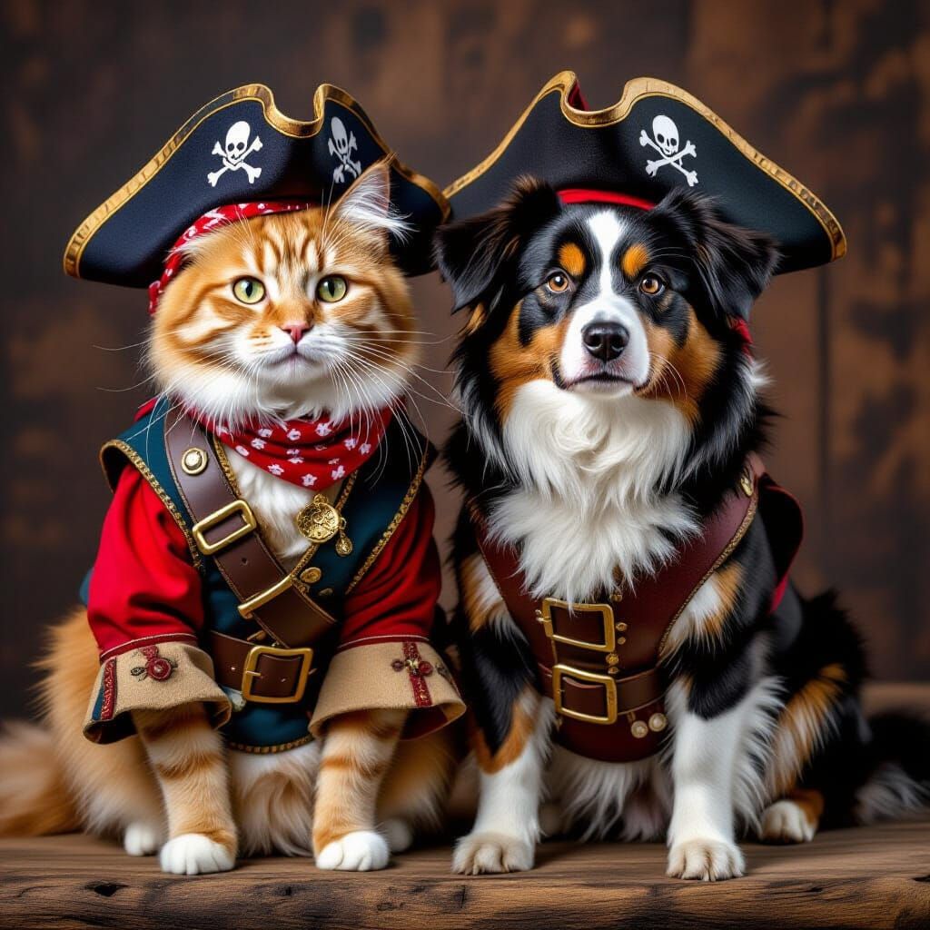 Pirate Cat and Dog in Detailed Rococo Style