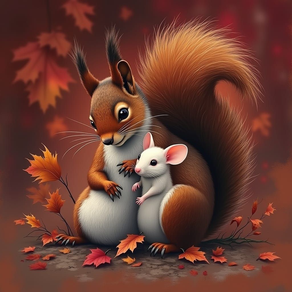 Cuddled Squirrel and Mouse Friends in Autumnal Splendor