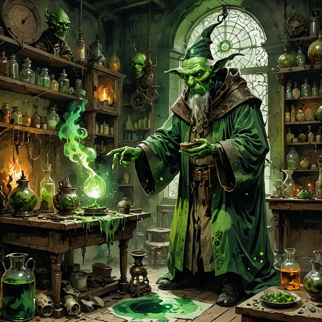 Mage and Apprentice Conjuring Demon: Ink and Watercolor