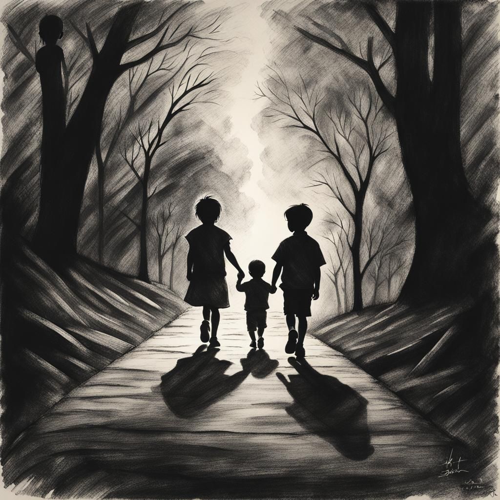Intricate Charcoal Silhouette Art Depicts Brother and Sister...