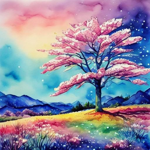 Sakura Tree Sunset: Watercolor Pointillism Spring Surprise