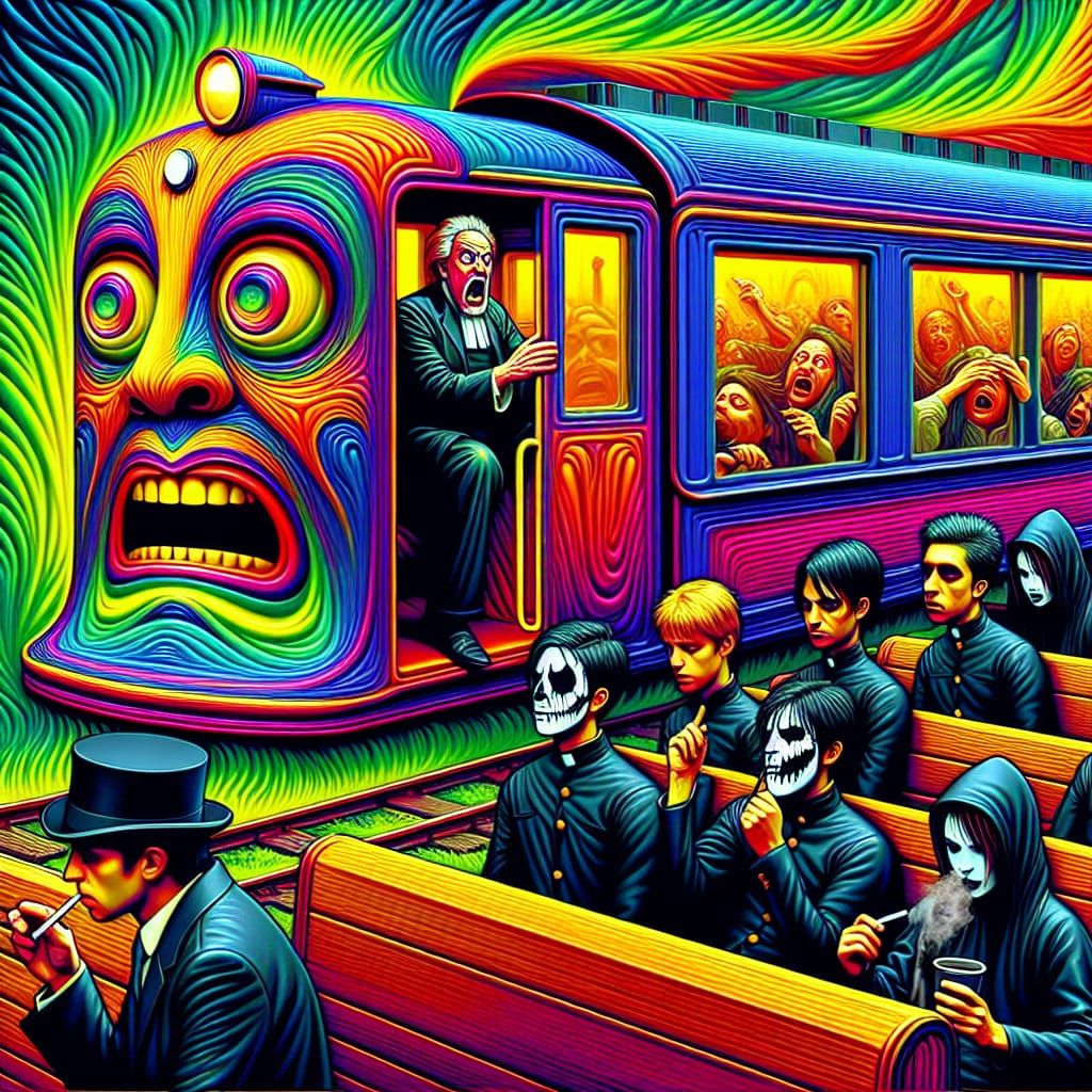 Psychedelic Cartoon Train with Praying Preacher in 8K