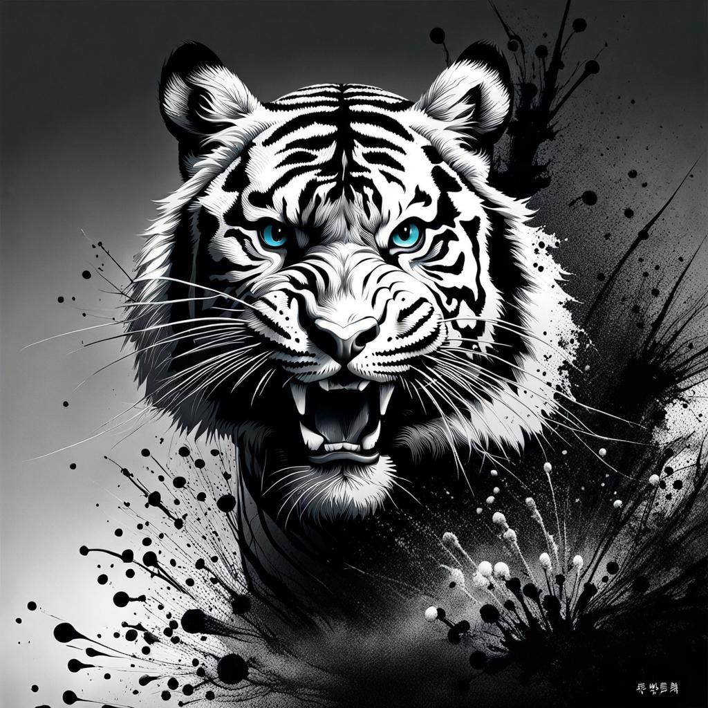 Detailed Ink Splatter Tiger Crouching, Abstract Art