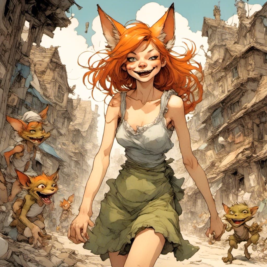 Fox-girl VIXEN, wearing a sleeveless sundress, goblins in the background running amuck.