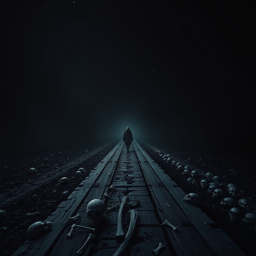 Mysterious Figure Walks Dark Wood Road Under Starry Sky