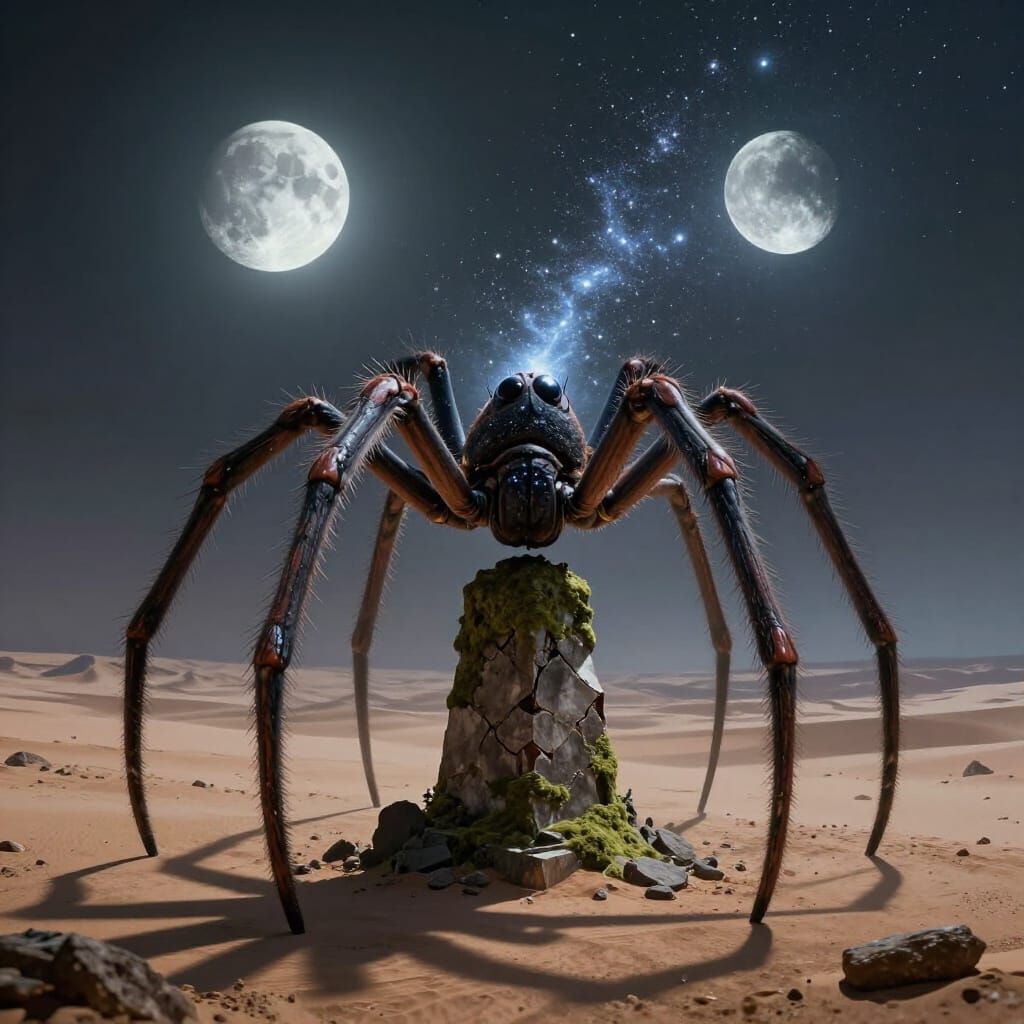 Cosmic Spider on Ancient Obelisk Under Twin Moons