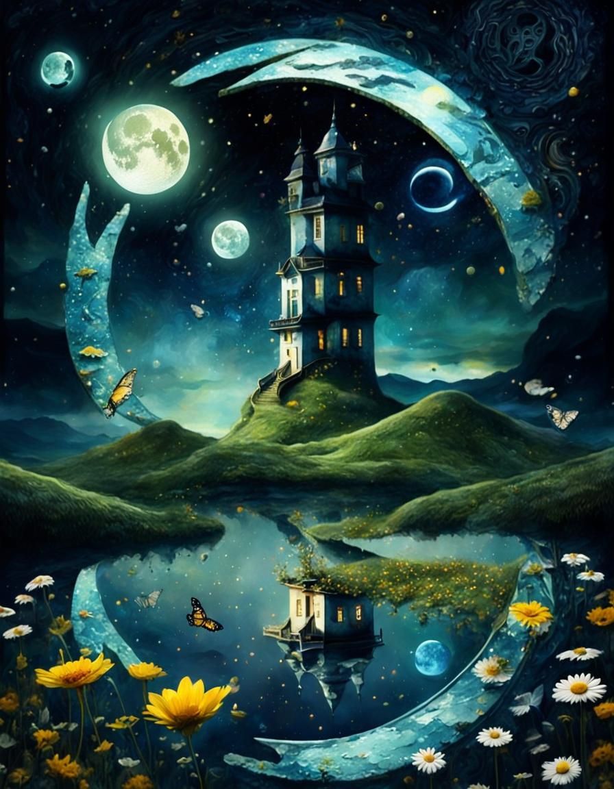 Surreal Yin Yang Landscape in Watercolor Style