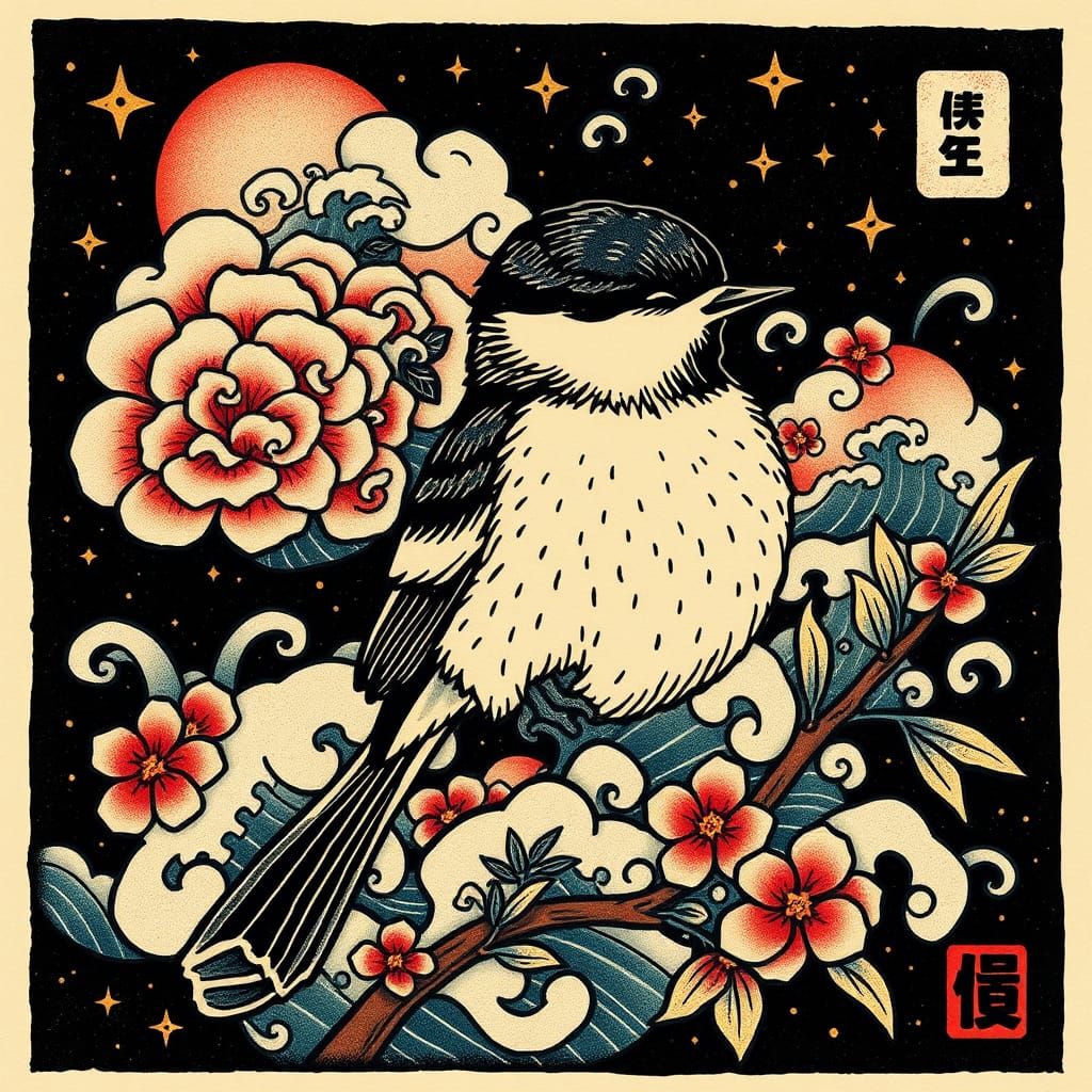 Woodcut. A Japanese-inspired tattoo design featuring a black capped chickadee would be rich in color and detail, blendin...