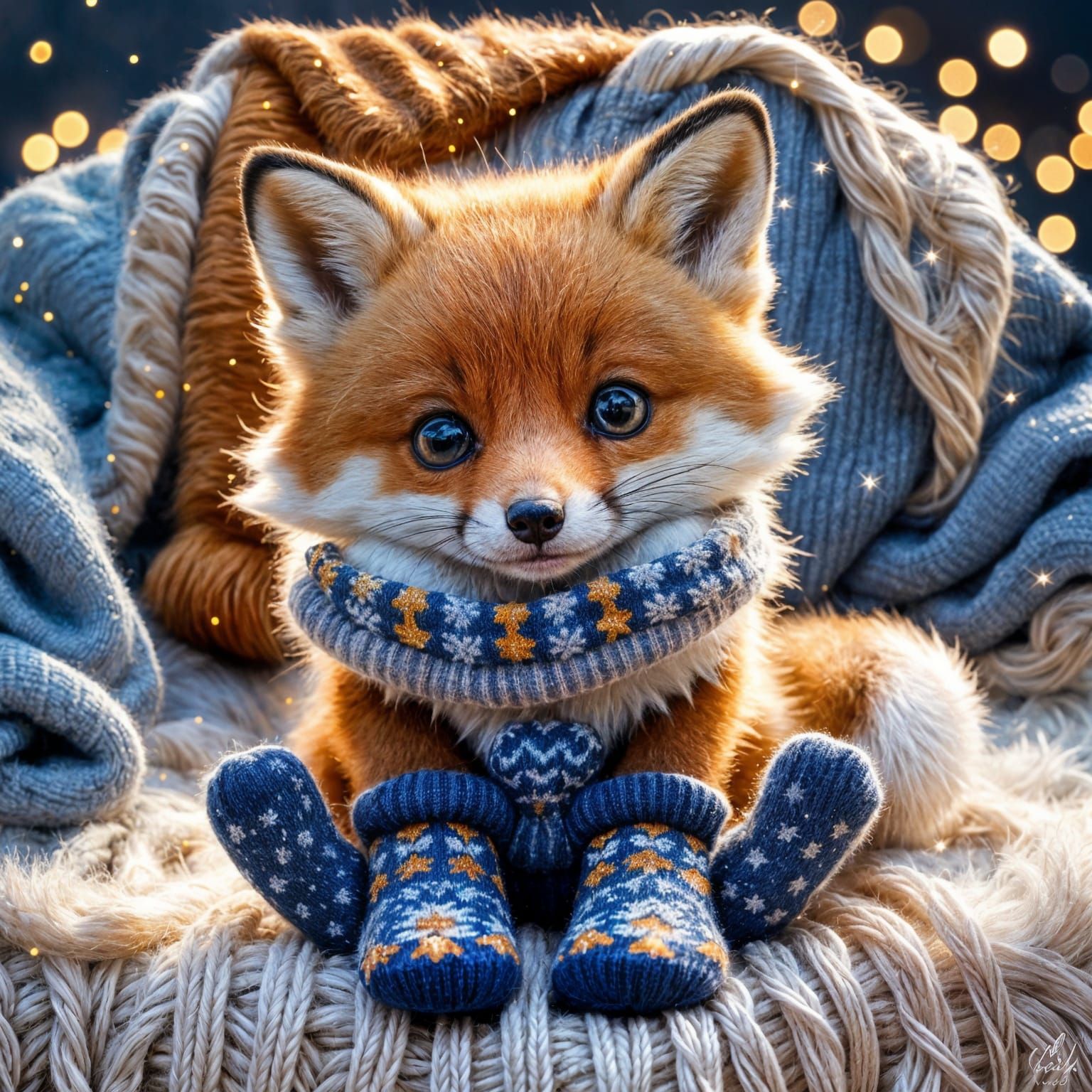 Cute Baby Fox Cub in Winter Outfit