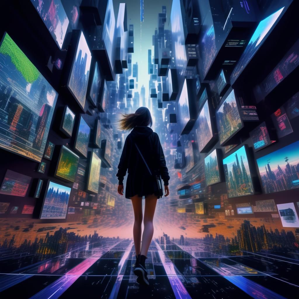 Pixelated Woman Plunging into Cyberpunk Cityscape