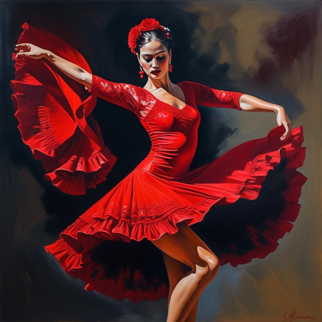 Flamenco Dancer in Red Dress: Vintage Painting Style