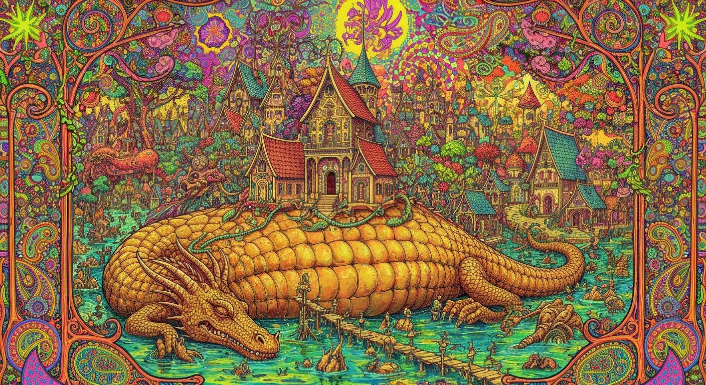 Dragon Belly Celtic Village in Swamp, 60s Psychedelic Art